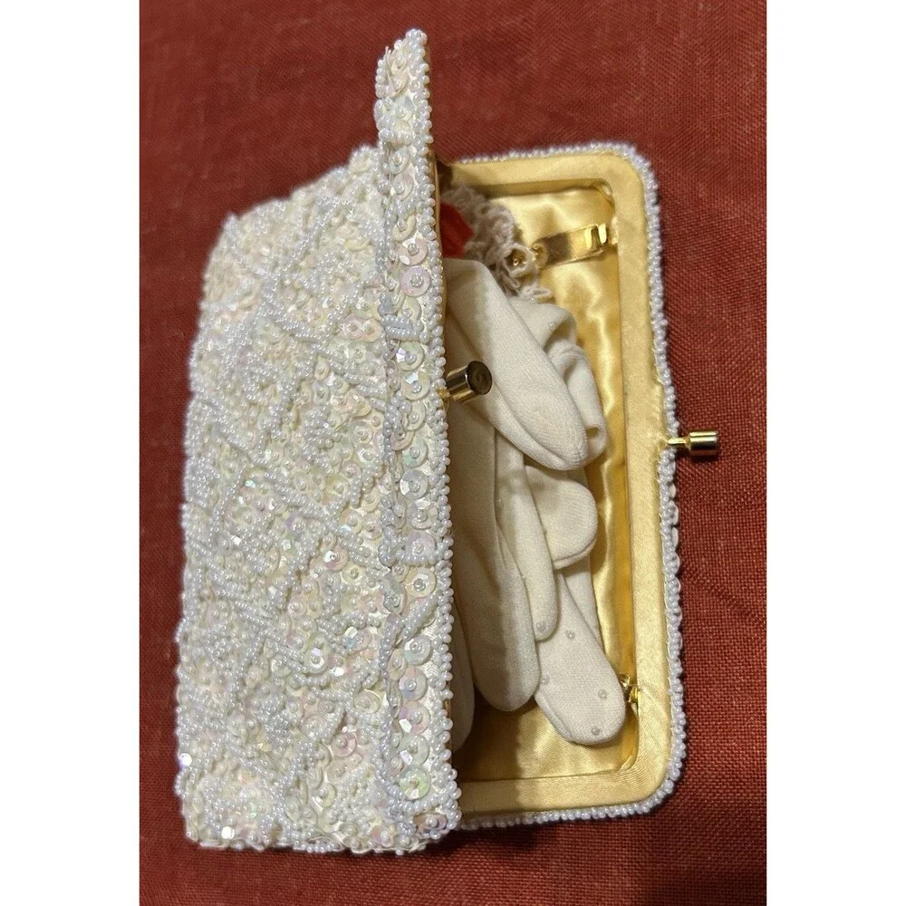 Vintage 50s La Regale Ivory White Beaded Sequin Clutch Bag Purse Gloves Set